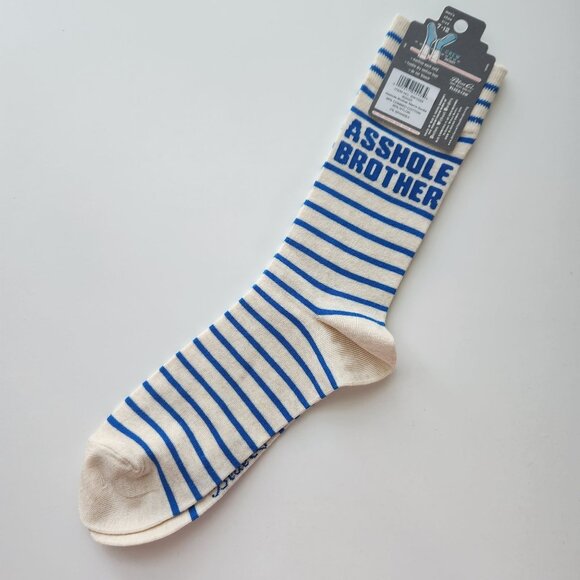 Blue Q Mens Crew Socks "A**hole Brother" Blue & Cream Striped Soft Combed Cotton - Picture 5 of 6